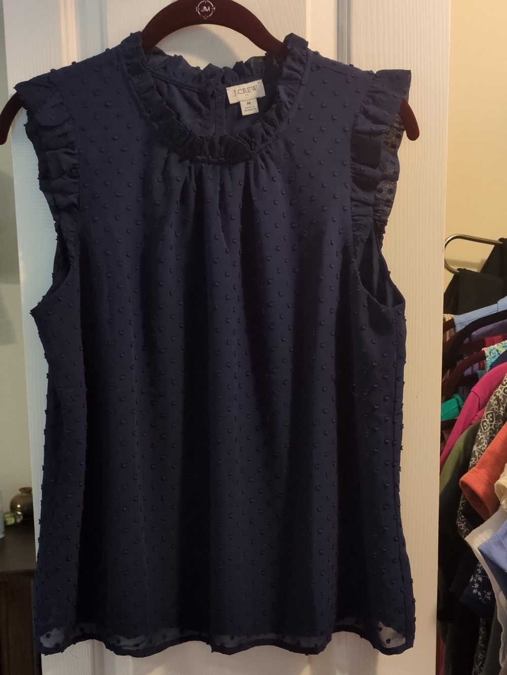 J. Crew Navy Swiss Dot Ruffle Trim Sleeveless Top